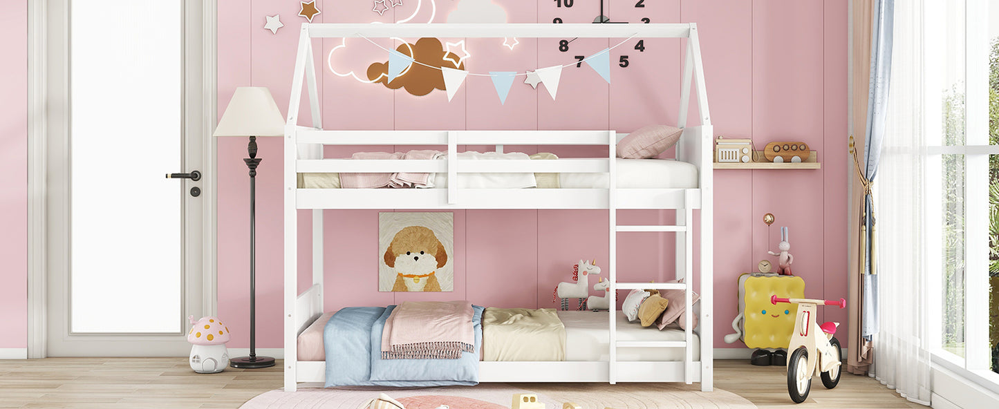 White wooden bunk bed with pastel bedding and playful wall decor