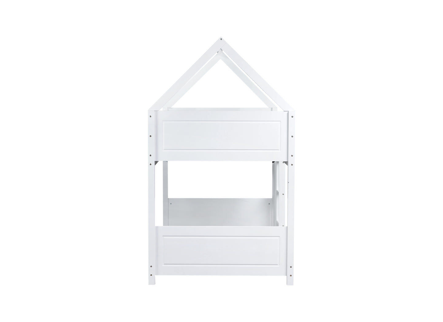 White wooden house bed frame with pitched roof design toddler bed