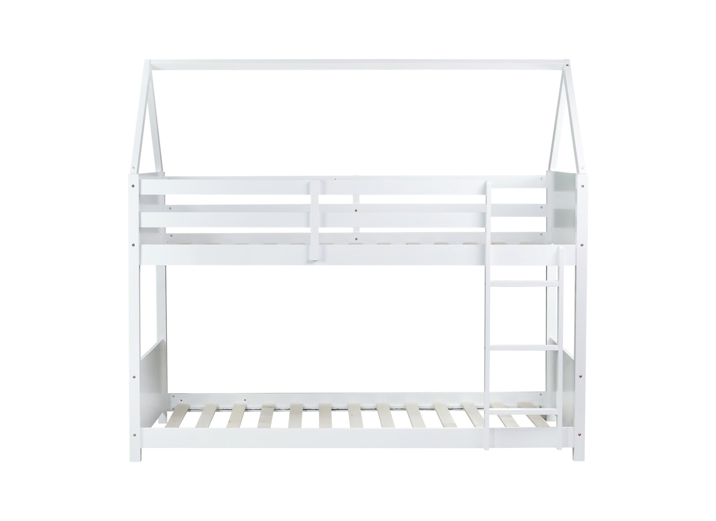 White wooden twin over twin bunk bed with a houseshaped frame perfect for kids bedrooms