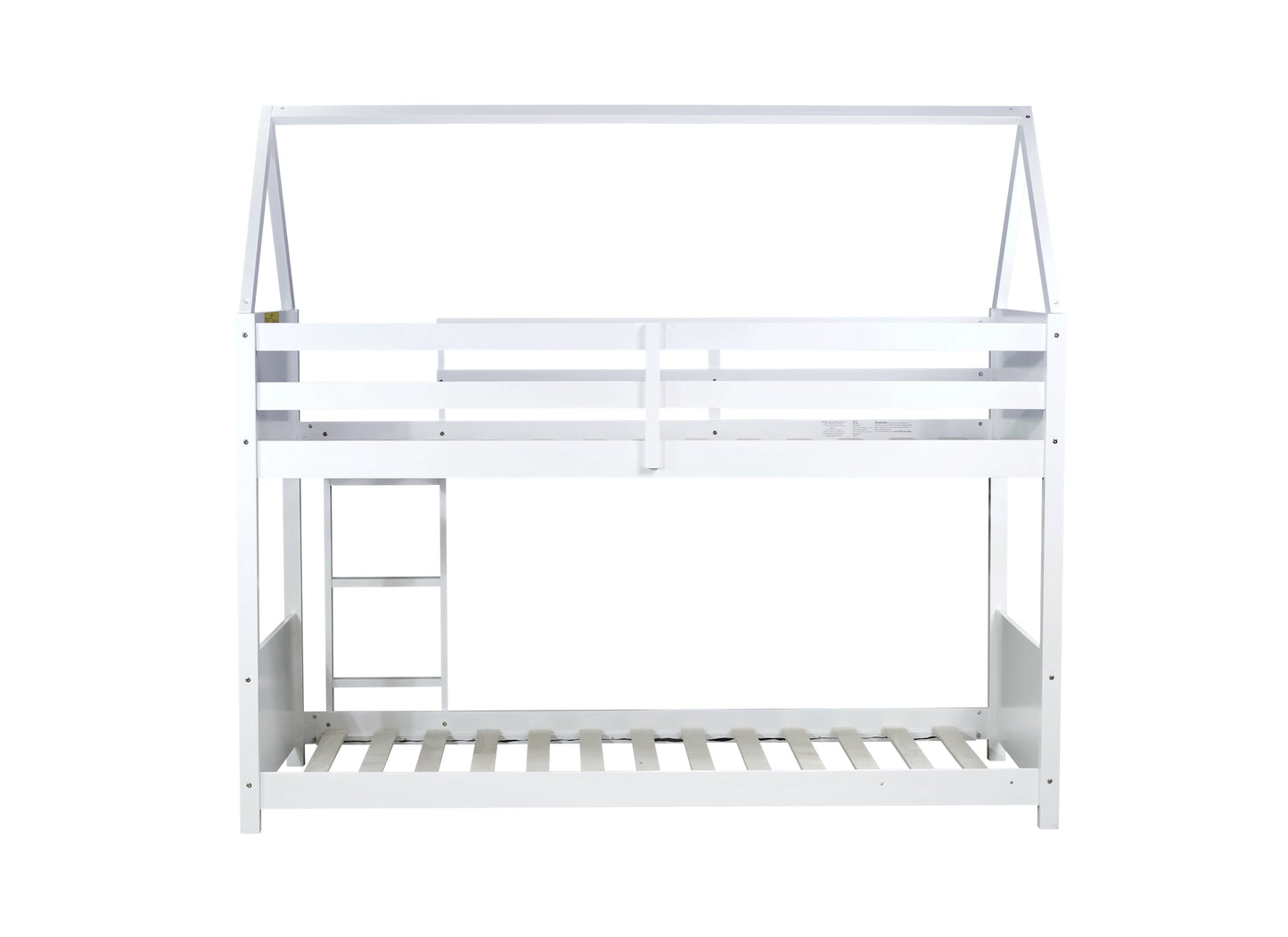 White wooden bunk bed with house frame design and builtin ladder