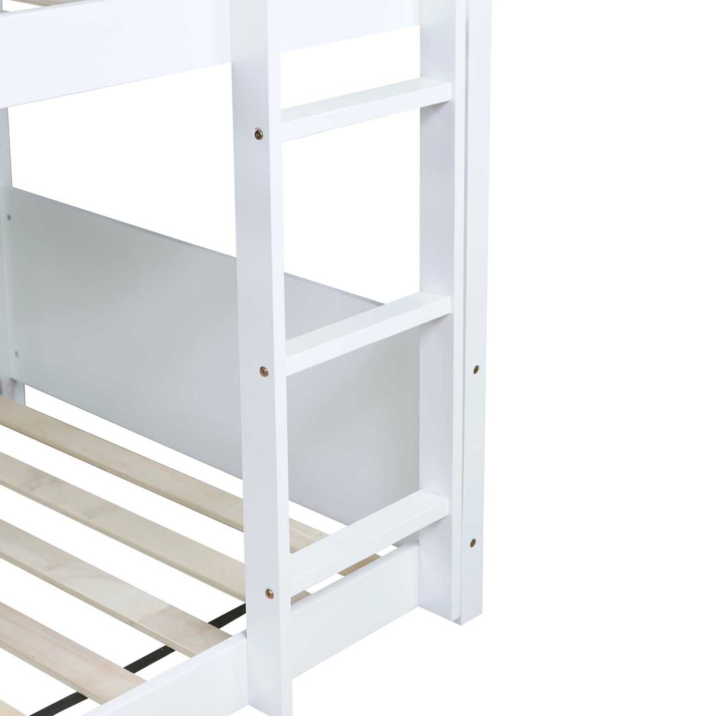 Close up of white wooden bunk bed frame with slatted base and ladder detail