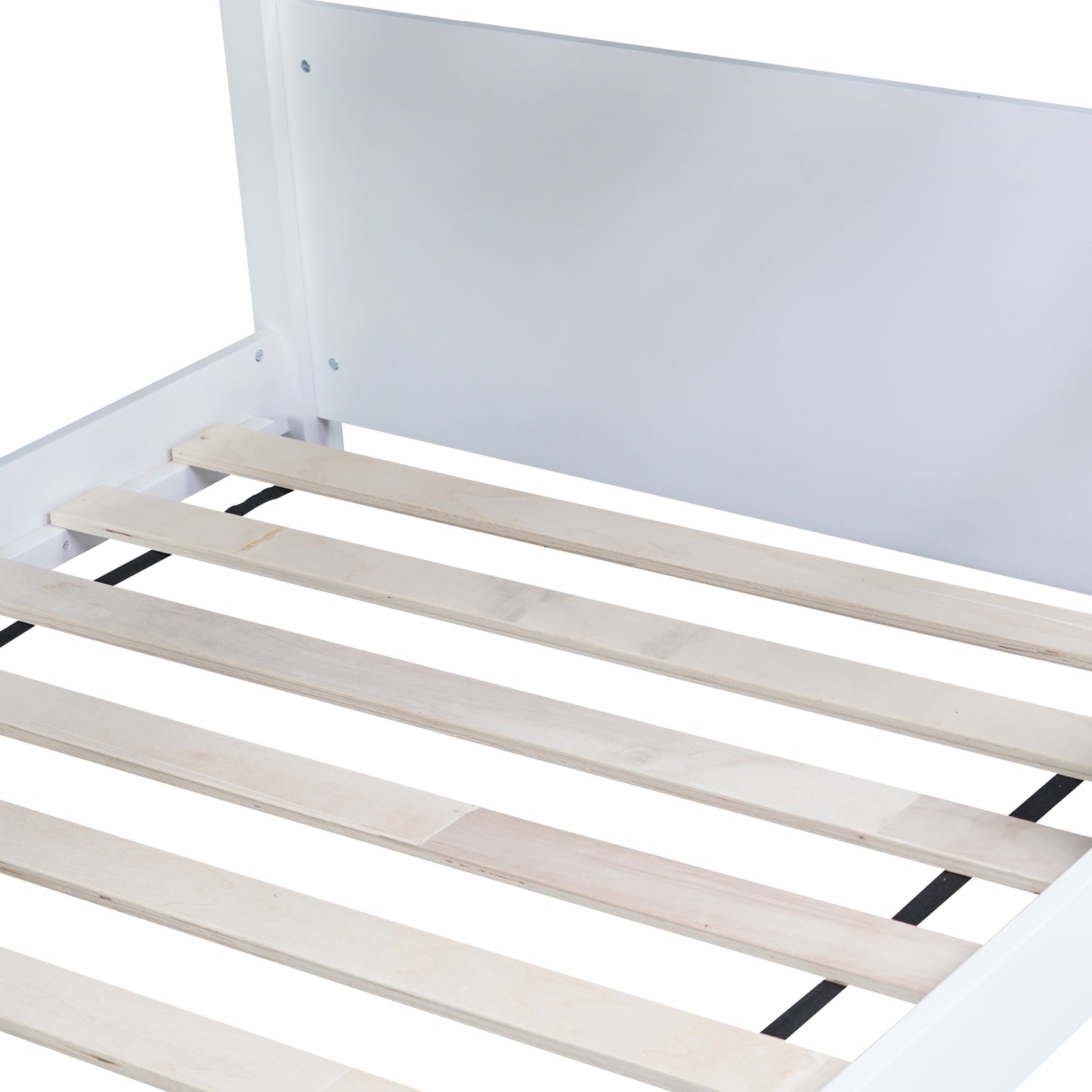 Closeup of a white wood bed frame with slats showing structural detail