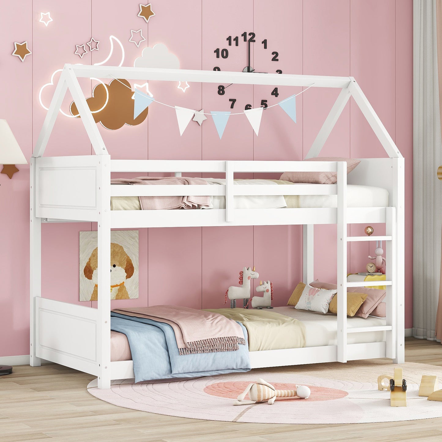 White wooden bunk bed with houseshaped frame and ladder for childrens room