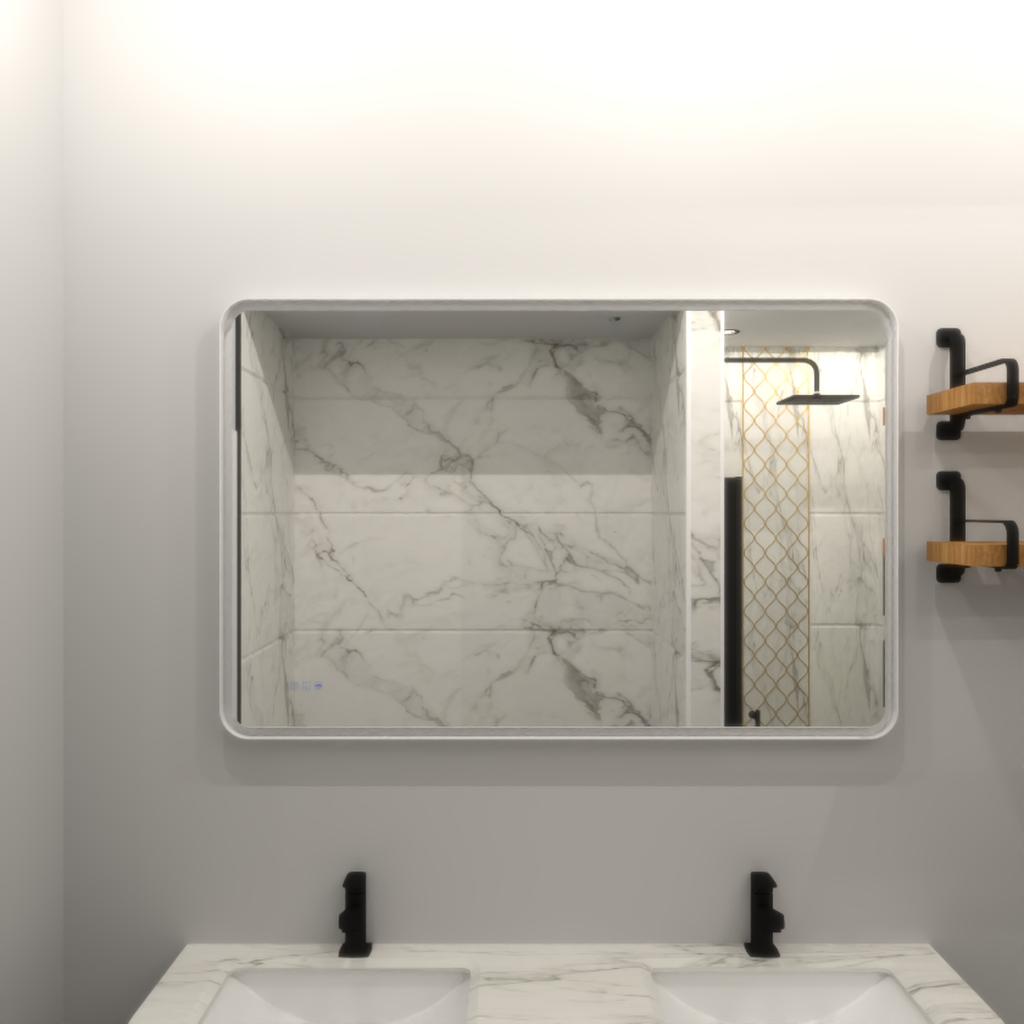 Modern bathroom vanity mirror with white marbleeffect tiling detail