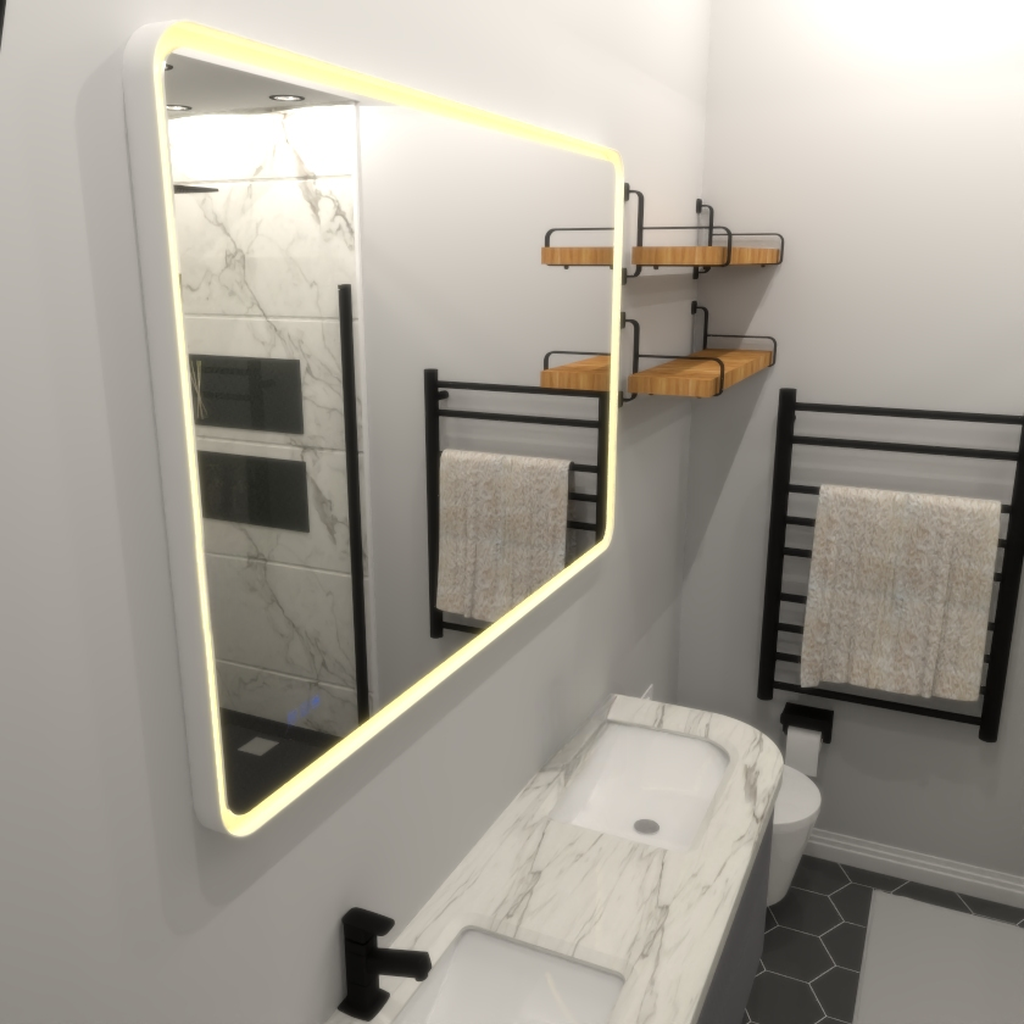 Modern bathroom with a backlit mirror marble vanity and heated towel rack
