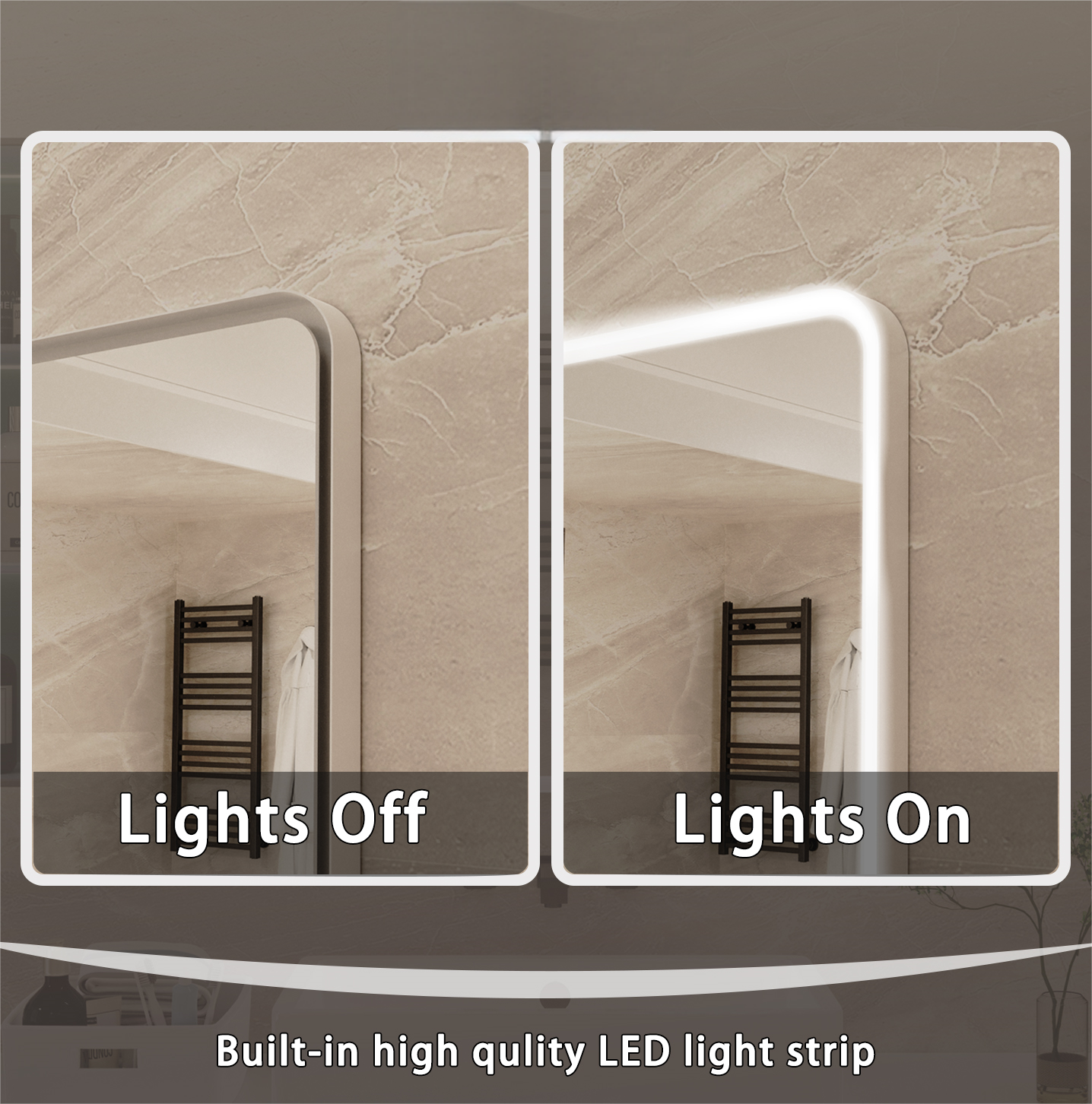 Rectangular vanity mirror with lights off showing a modern bathroom setting