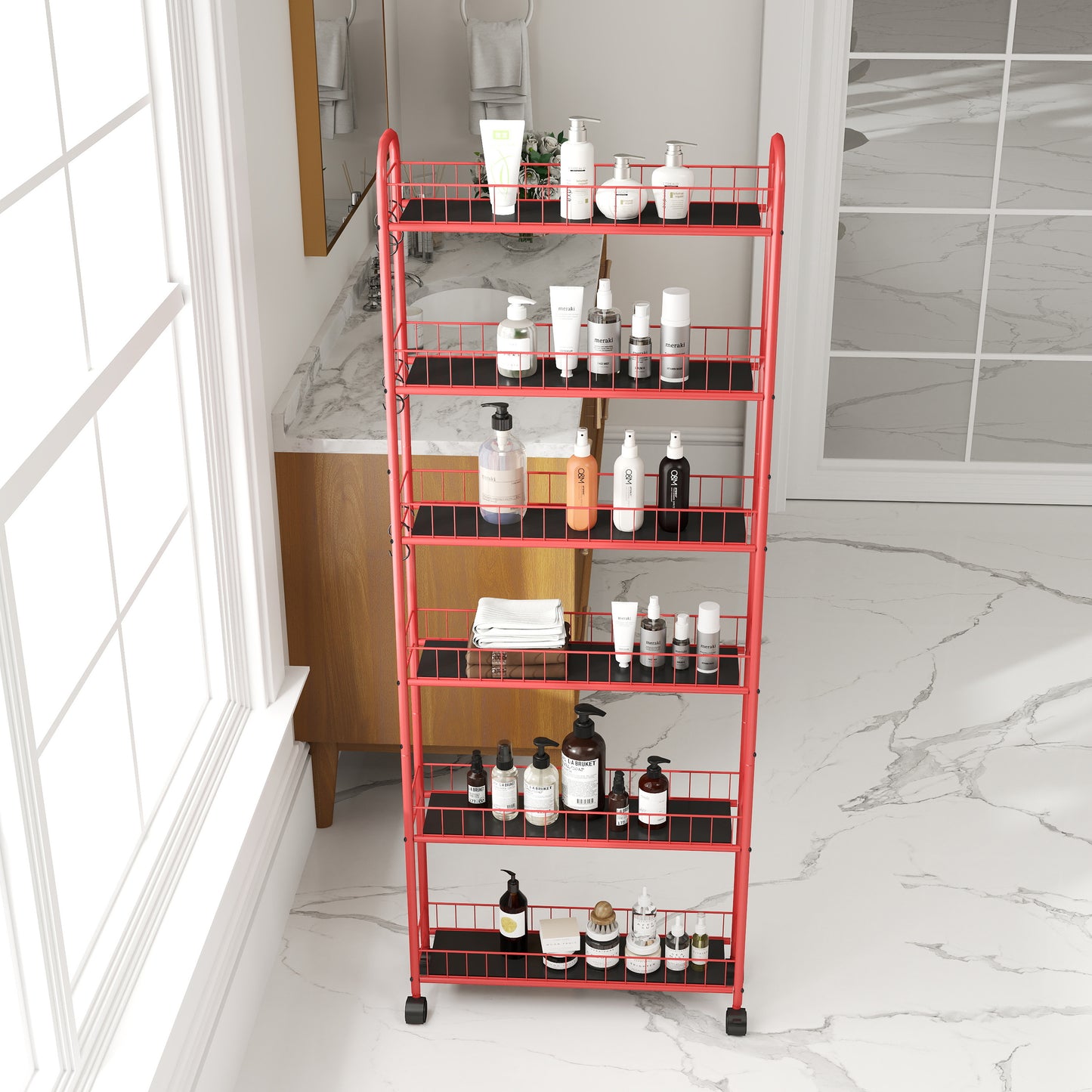 Red rolling bathroom cart displaying skincare products