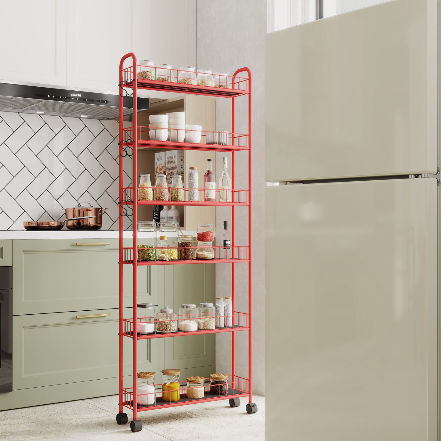 Red metal kitchen cart with six shelves filled with jars of food and bottles