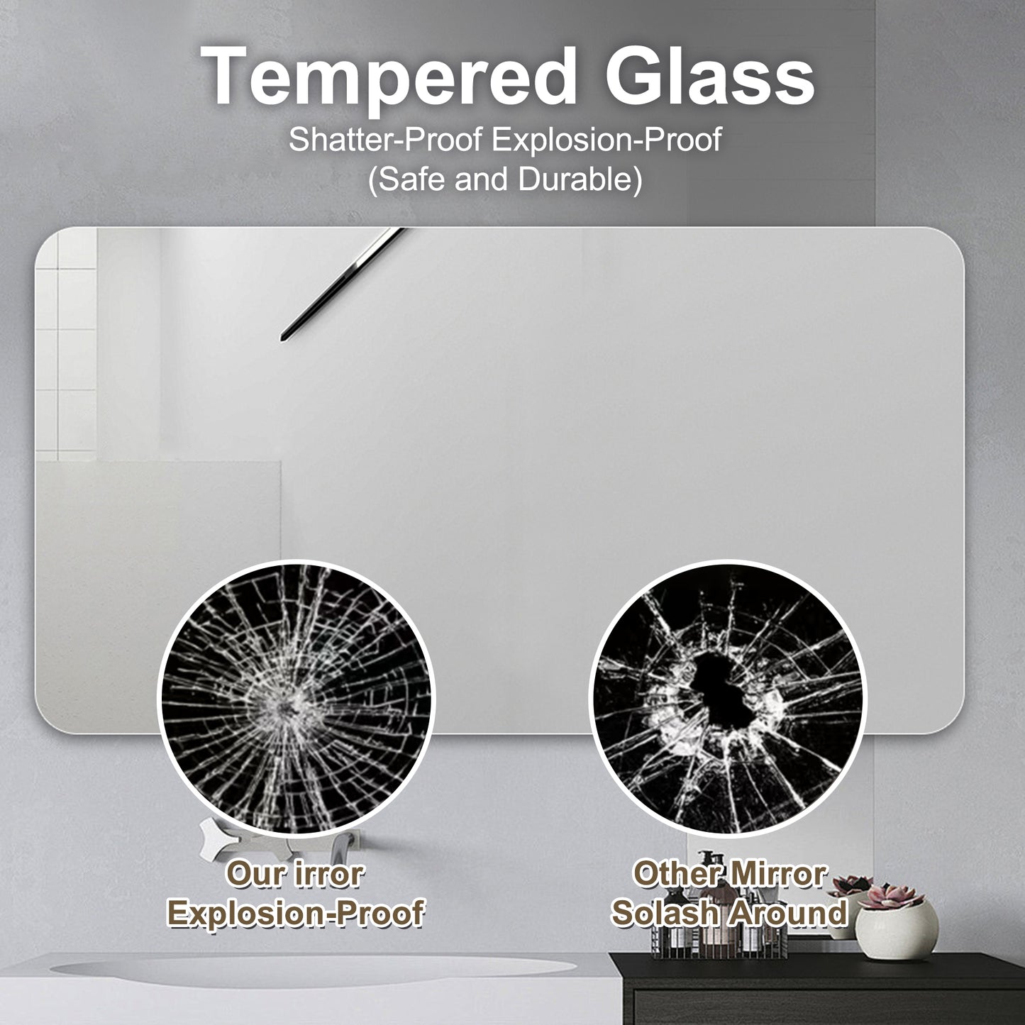 Rectangular tempered glass mirror shatterproof and explosionproof design for safety