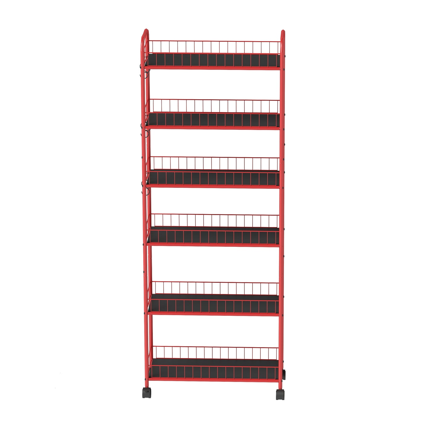 Red wire shelving unit with black shelves and wheels