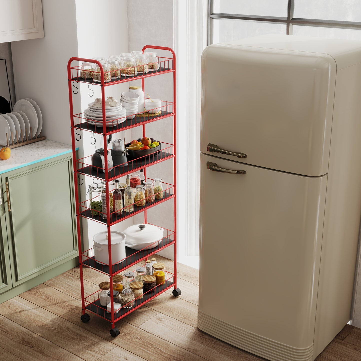 Red tier kitchen rolling cart with pantry staples