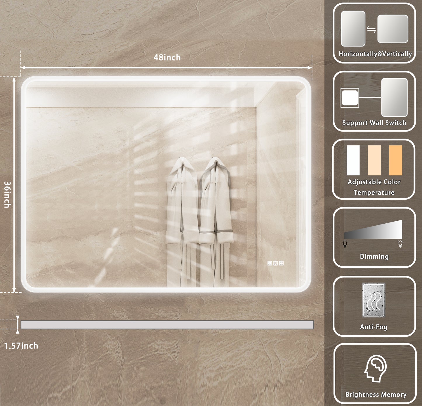 inch illuminated vanity mirror with adjustable color temperature and dimming for bathrooms