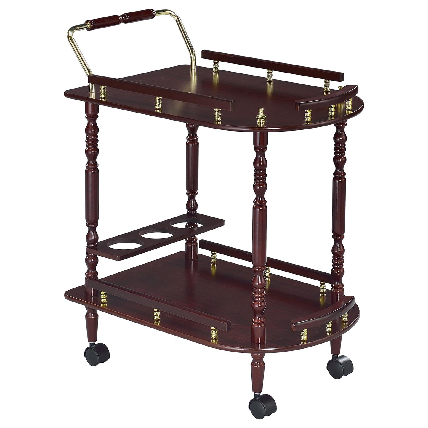 Classic cherry wood bar cart with gold accents and bottle holders