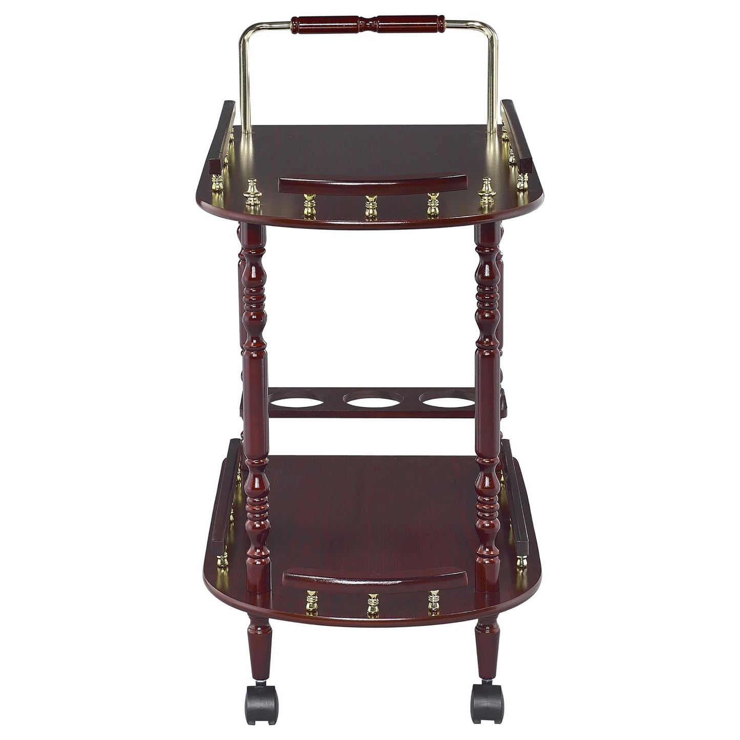 Dark cherry wood bar cart with brass accents and bottle holders
