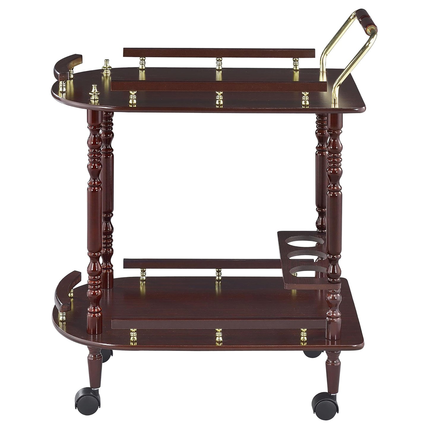 Dark cherry wood serving cart with brass accents and wheels