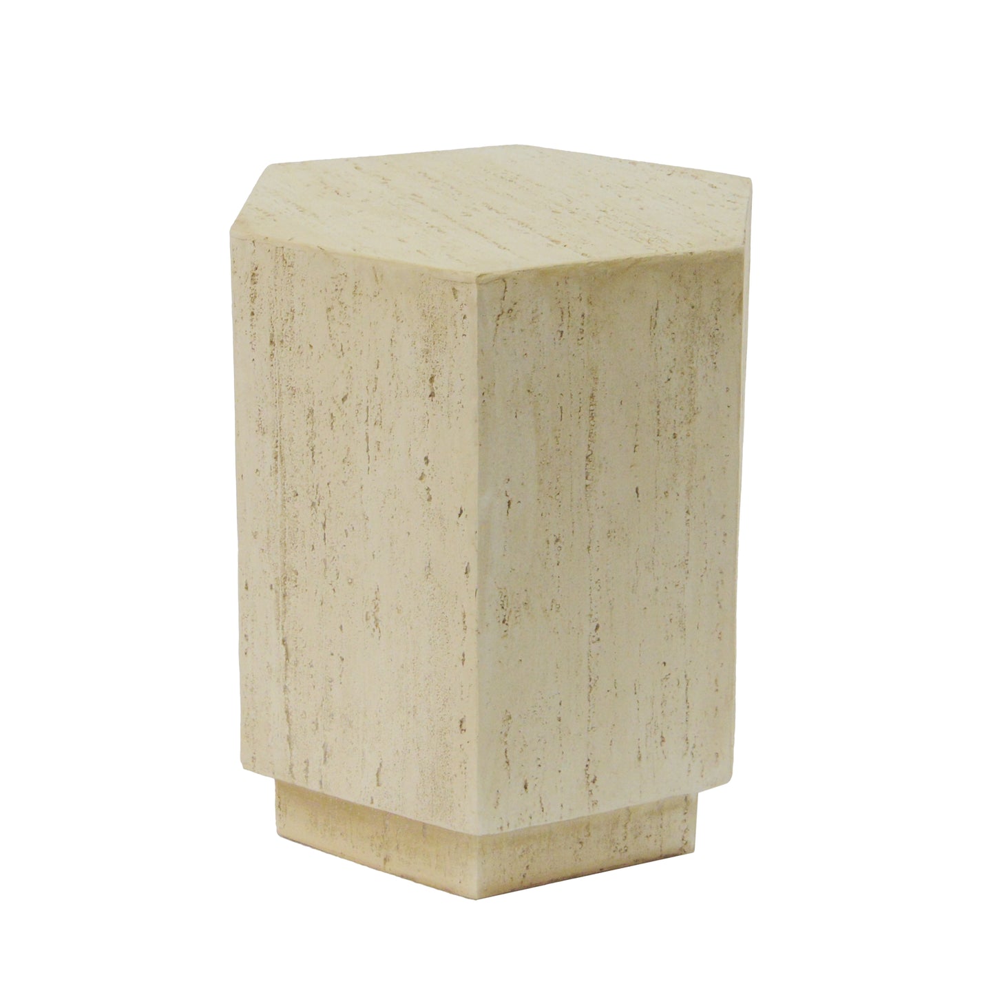 Textured cream travertine hexagonal side table with a tapered base