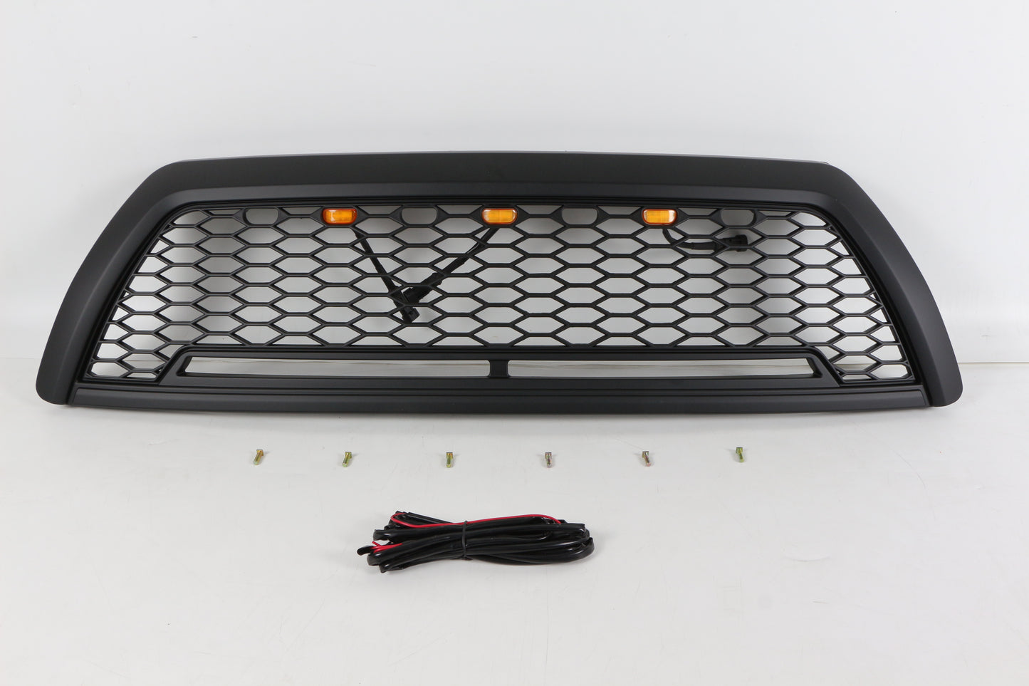 Black honeycomb front grille with amber LED lights and wire harness for Dodge Ram