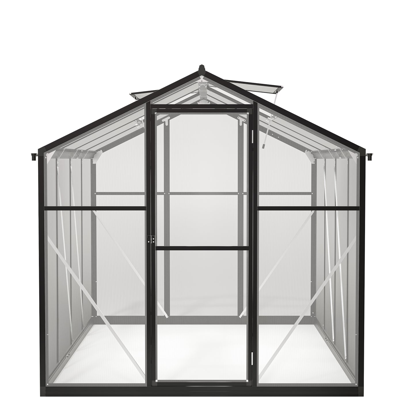 Modern black polycarbonate greenhouse with a single door and ventilation roof panels
