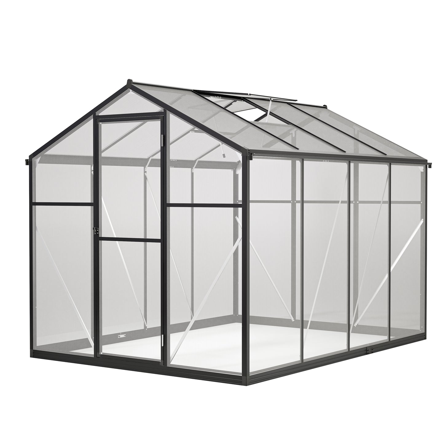 Modern black aluminum greenhouse with clear polycarbonate panels ideal for yearround gardening