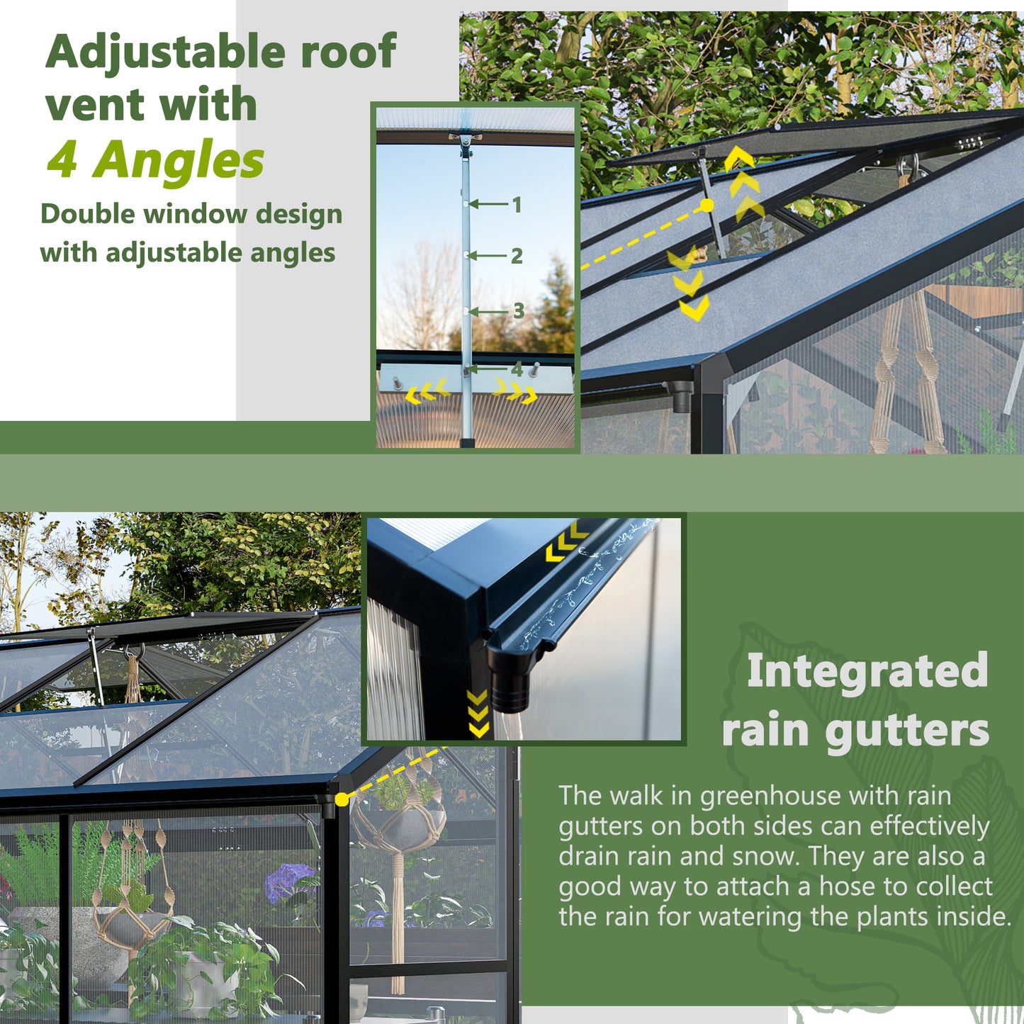 Greenhouse roof vent with adjustable angles for ventilation control