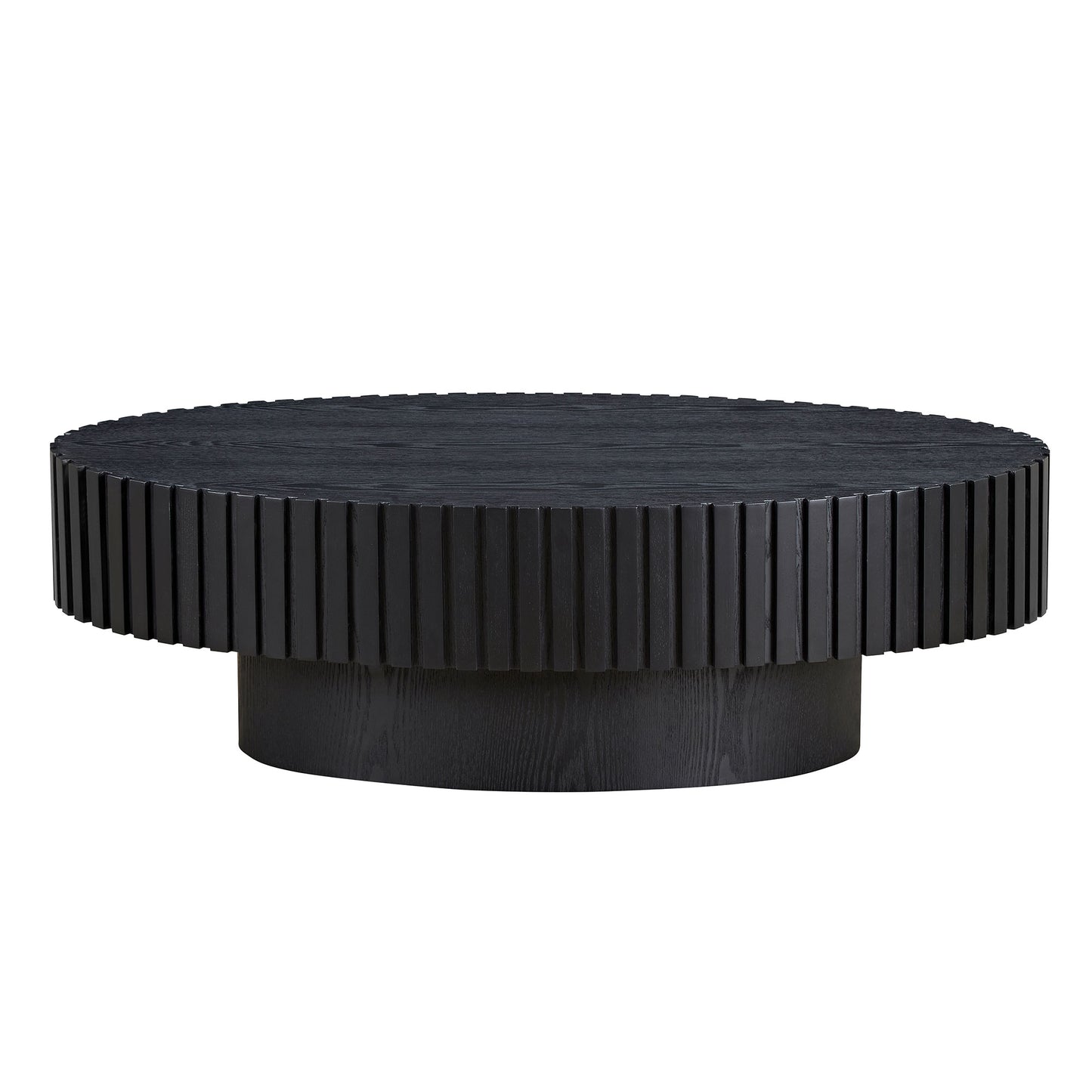 Round black fluted coffee table made of textured wood with a modern design