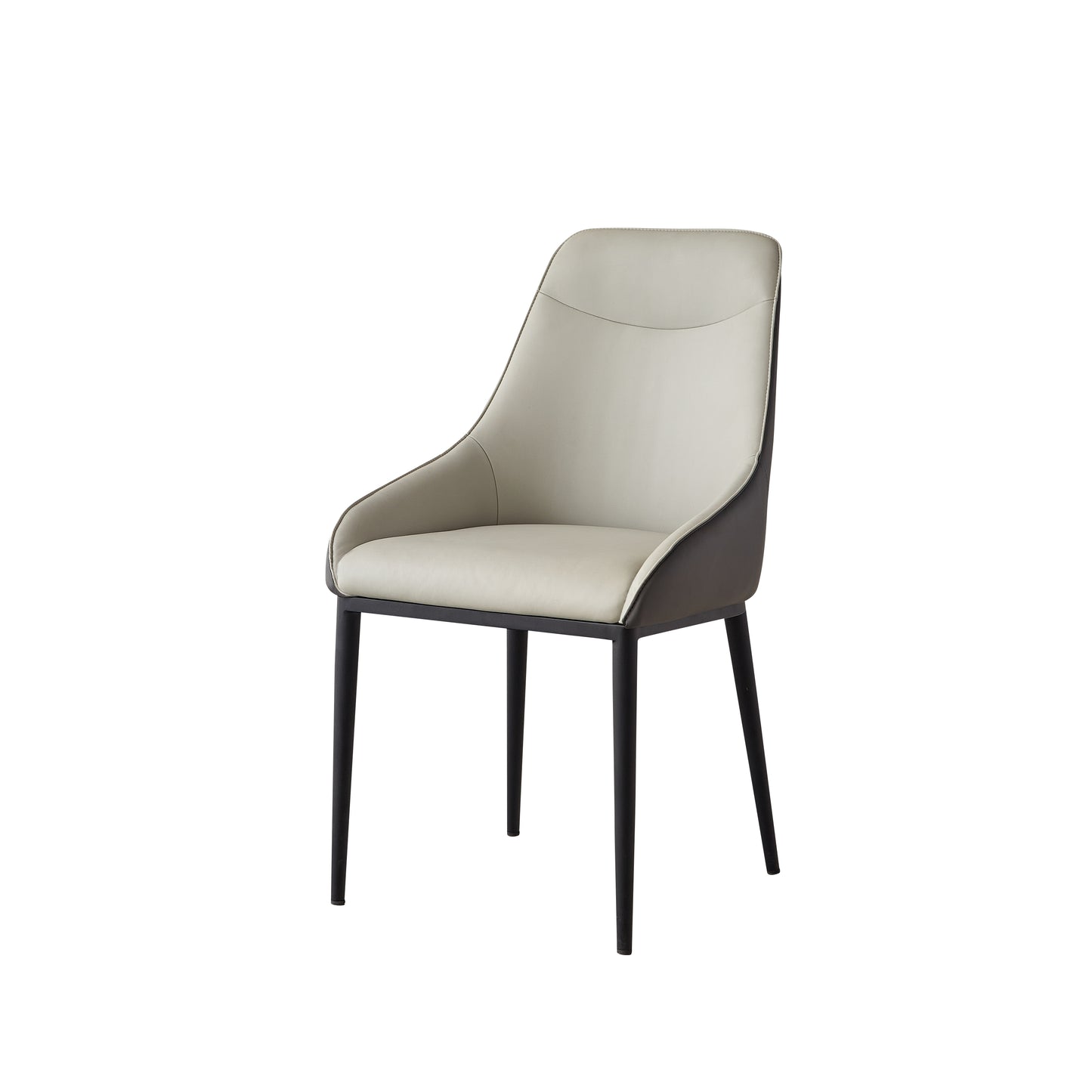 Modern dining chair with a curved cream leather seat and dark grey sides featuring black metal legs