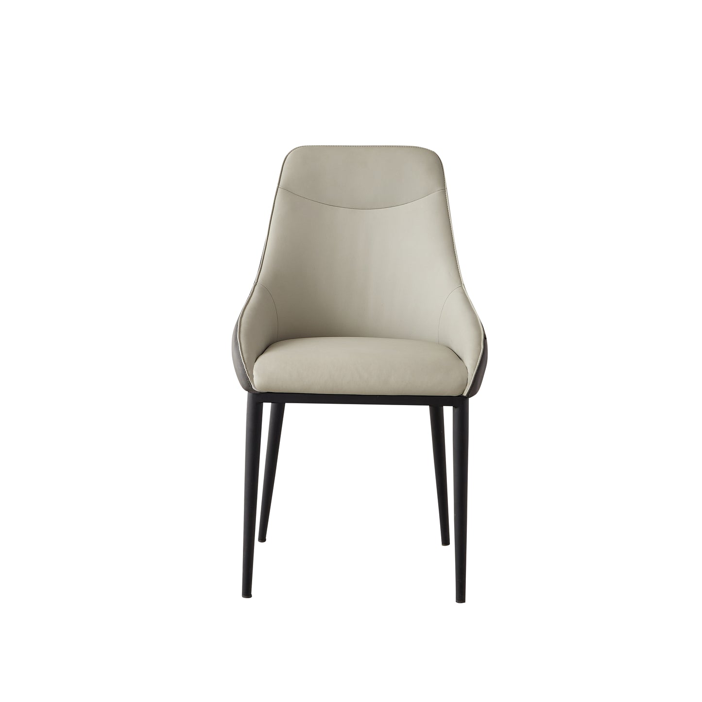 Modern upholstered dining chair in light grey with black metal legs