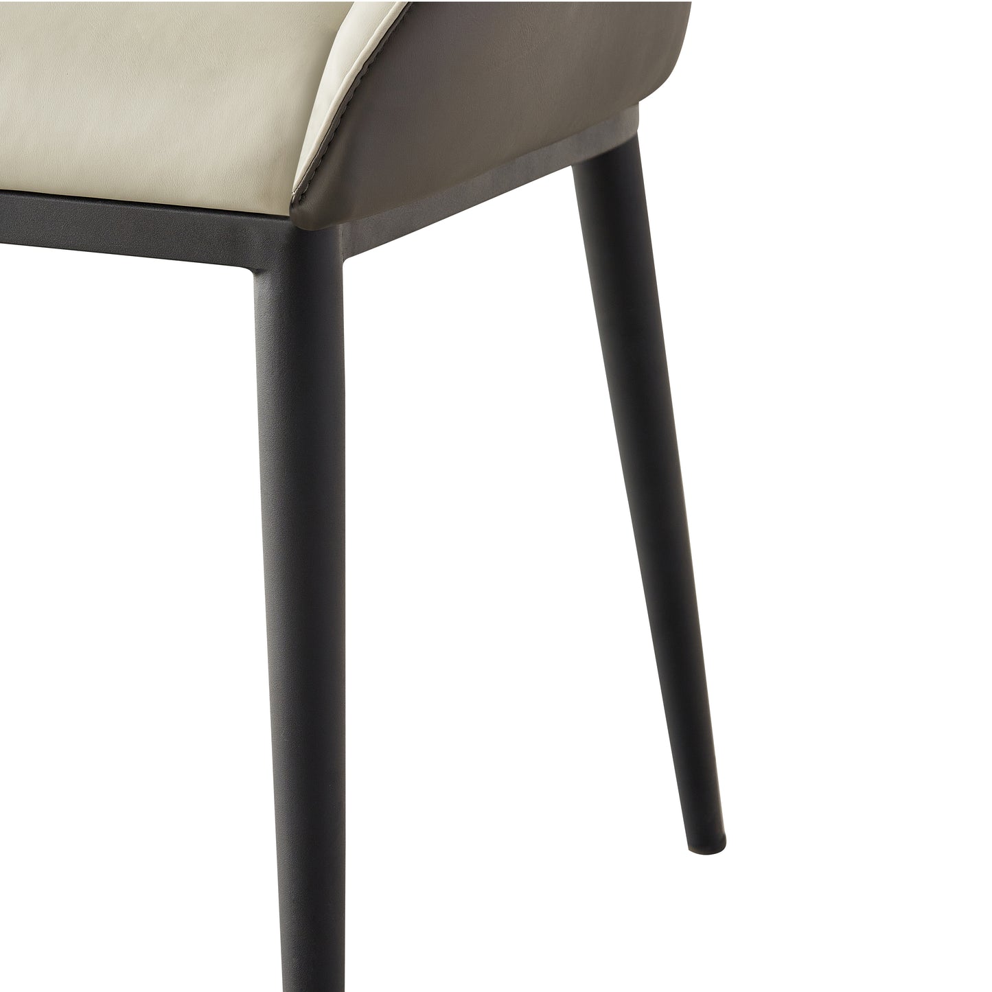 Modern upholstered dining chair with ivory and charcoal upholstery on black legs