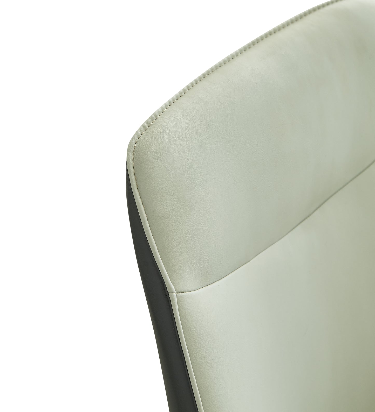 Light grey faux leather chair back with contrasting dark grey side panel and visible stitching detail