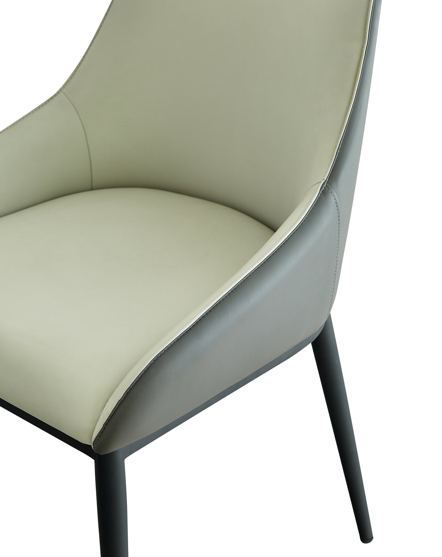 Modern dining chair with cream and grey upholstery and black metal legs