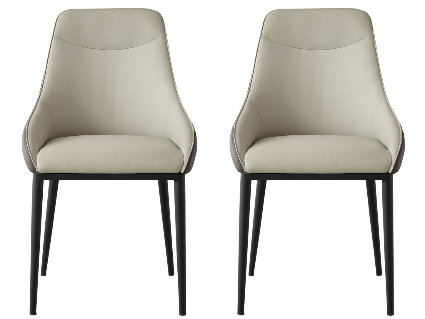 Two modern beige upholstered dining chairs with black metal legs