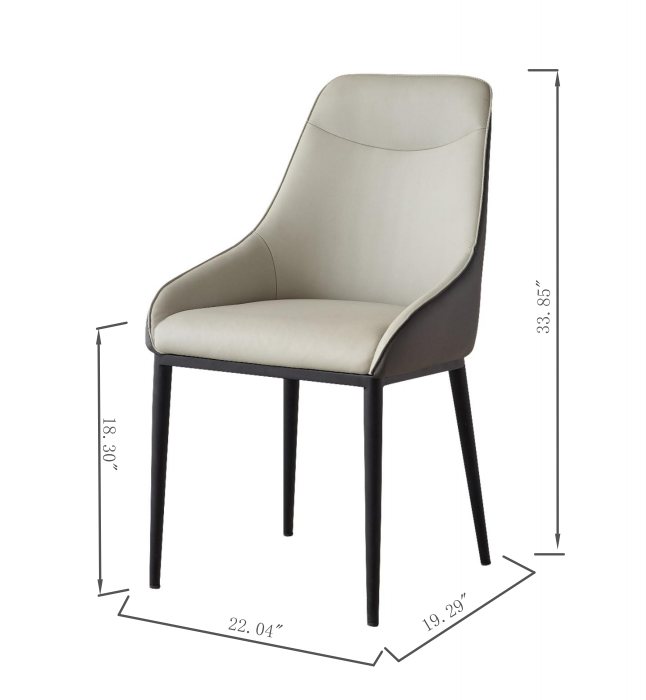 Modern dining chair with cream upholstery and dark brown accents featuring black metal legs