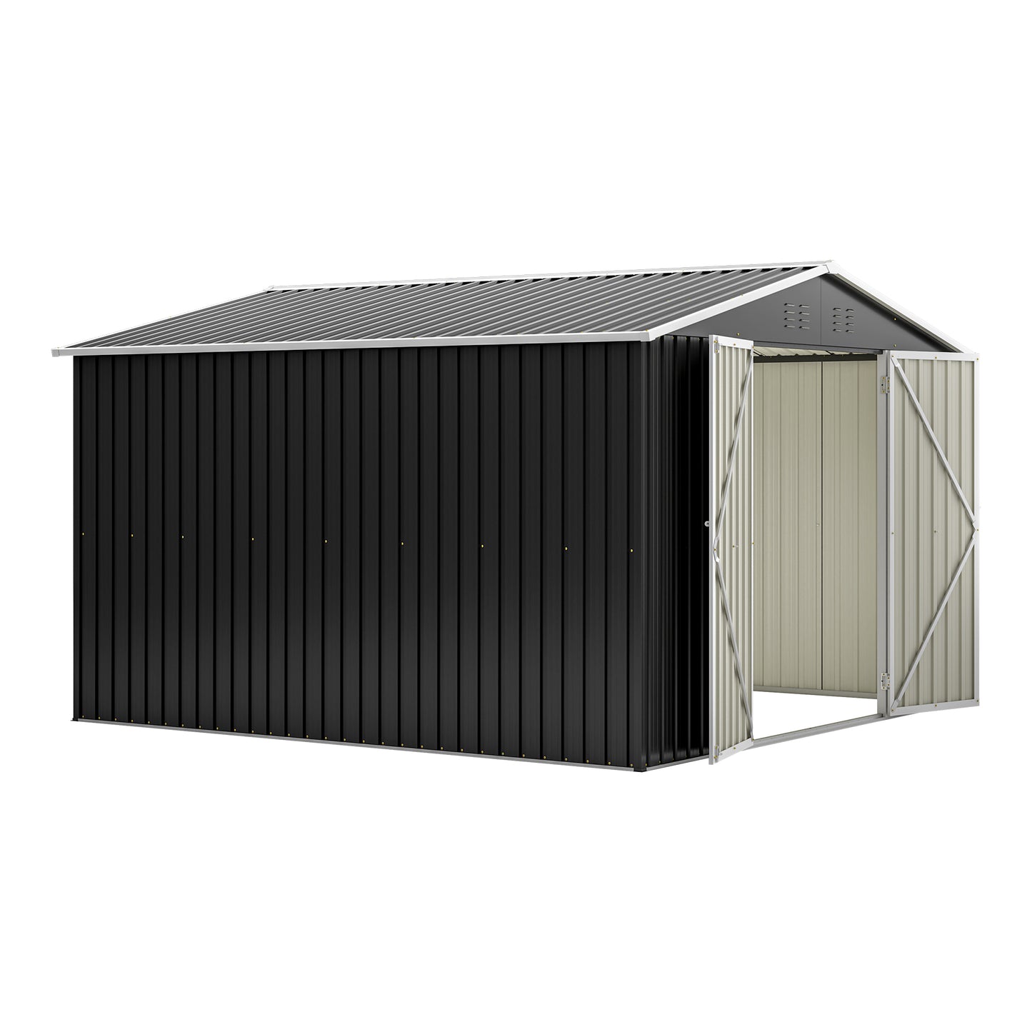 Black metal garden shed with double doors open offering storage space