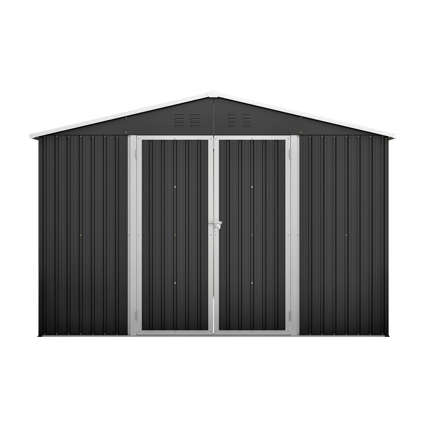 Dark grey metal garden shed with double doors and white trim