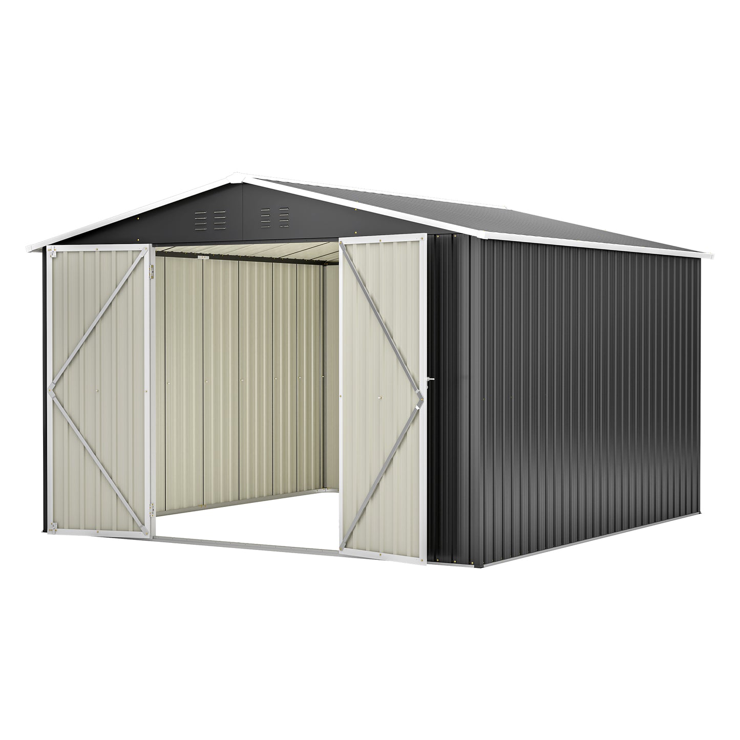 Black and beige metal storage shed with double doors open