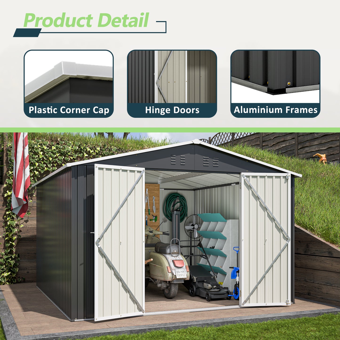 Large grey and cream metal garden shed with double doors housing a scooter
