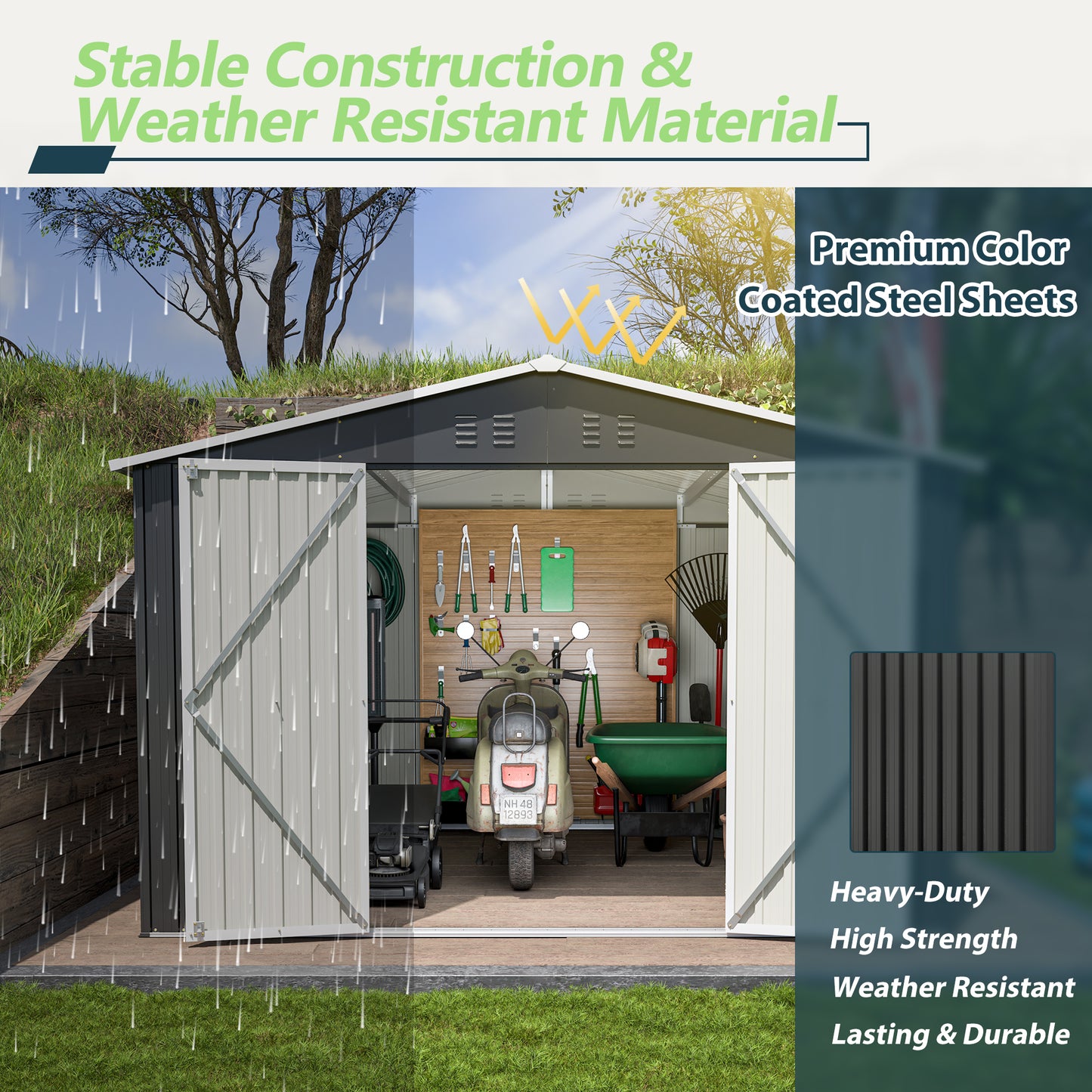 Outdoor storage shed with grey steel siding and white double doors storing a scooter and gardening tools