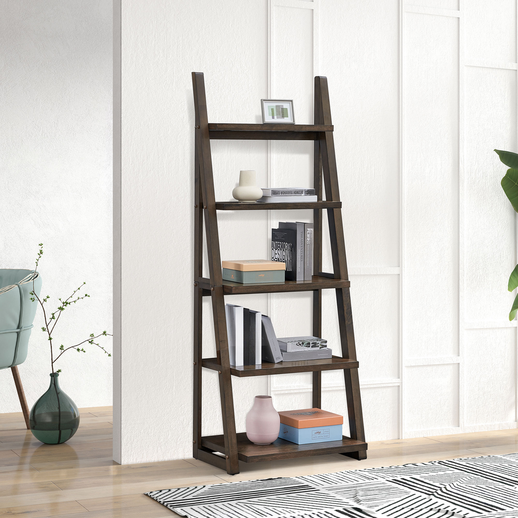 Dark brown wooden ladder shelf displaying books vases and decorative boxes