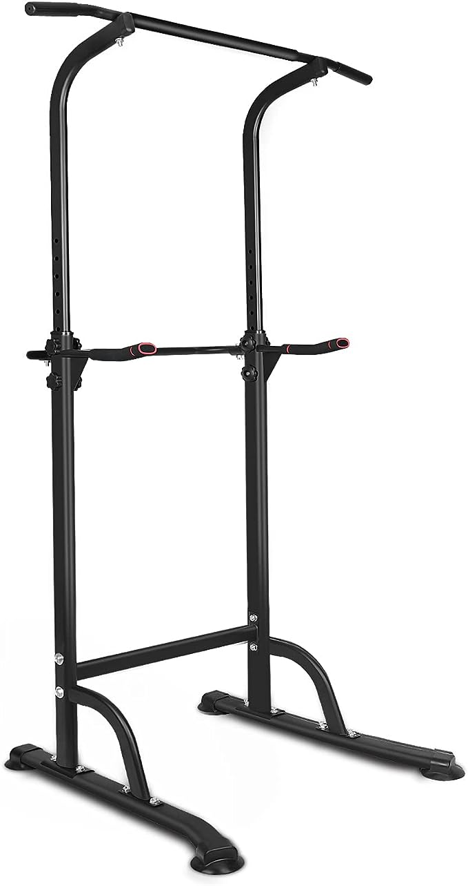 Black steel power tower with pullup bar and dip station for home gym workouts