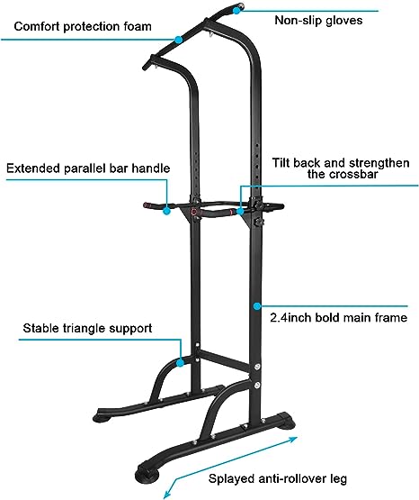 Black steel power tower with parallel bars pullup bar and wide base