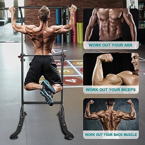 Man performing pullups on a black power tower demonstrating fullbody workout