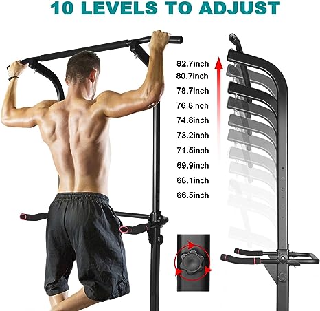 Man performing pullups on a black adjustable power tower with height settings