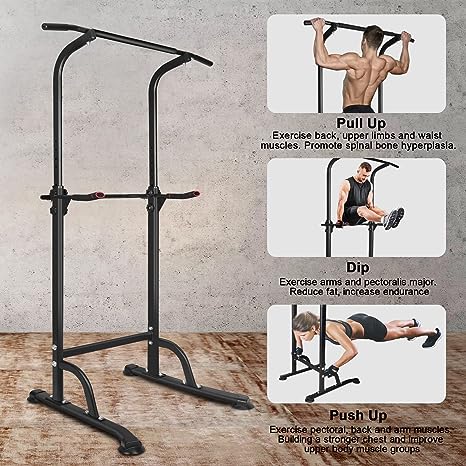 Black steel power tower for home gym strength training