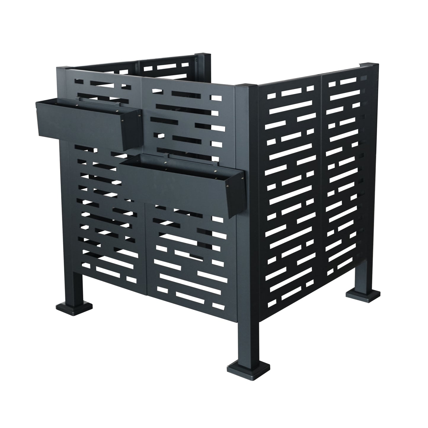 Modern dark grey metal outdoor trash can enclosure with integrated planters and decorative cutouts