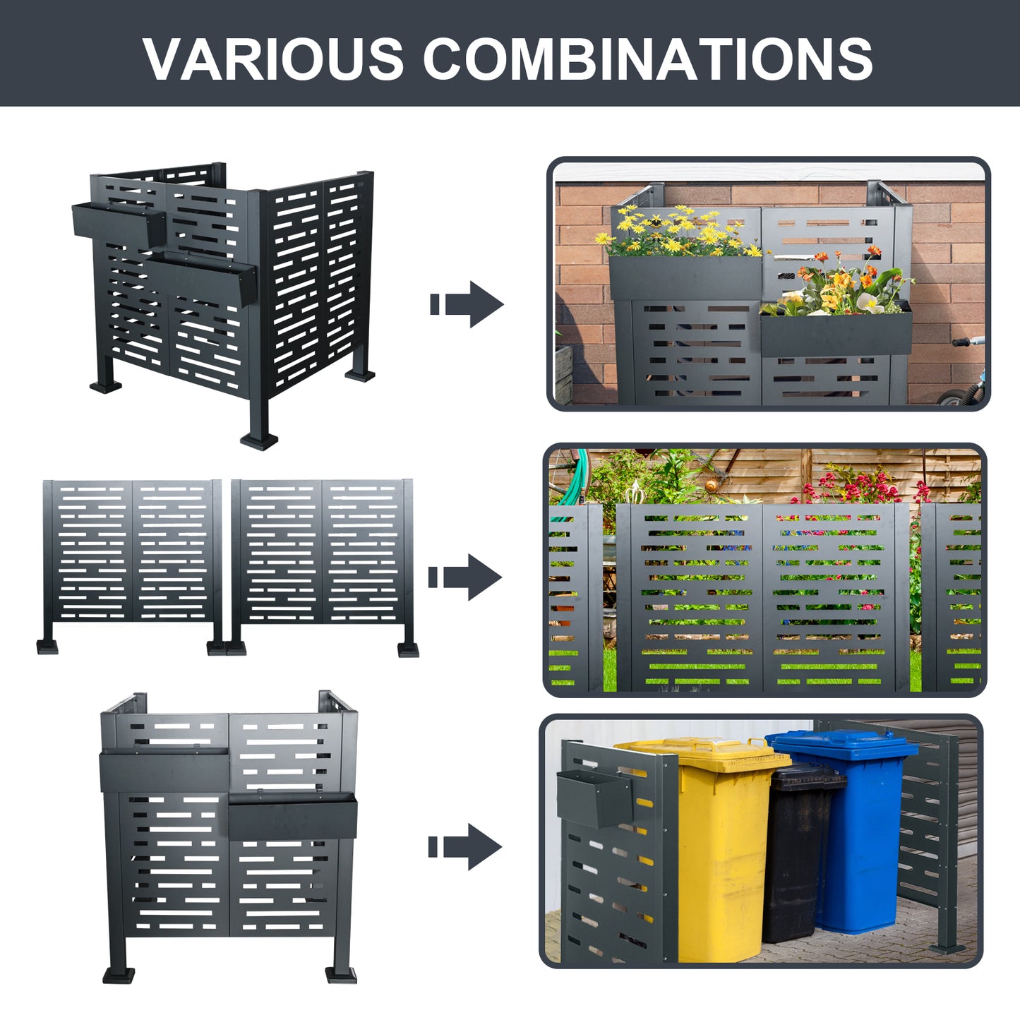 Gray metal garden bin enclosure with integrated planter for outdoor storage