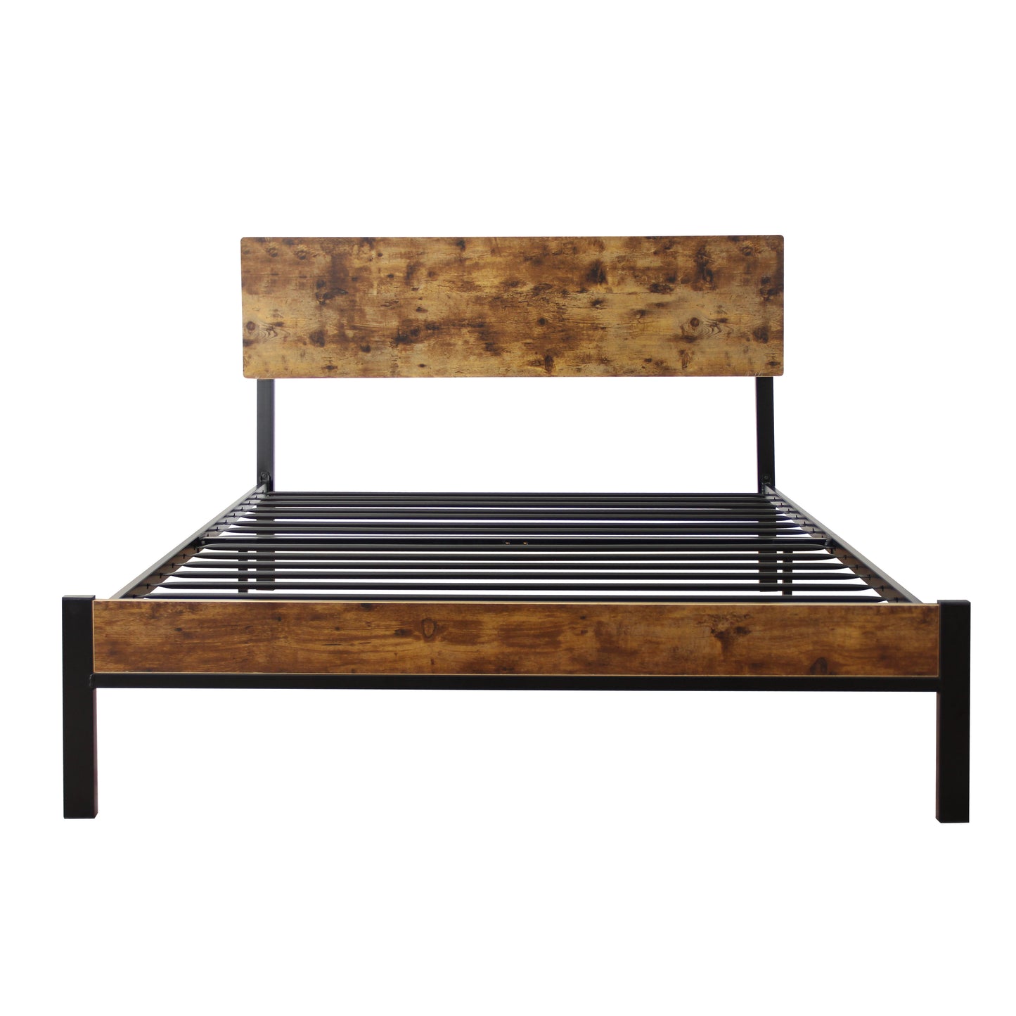 Rustic brown wood and black metal bed frame with headboard and metal slats