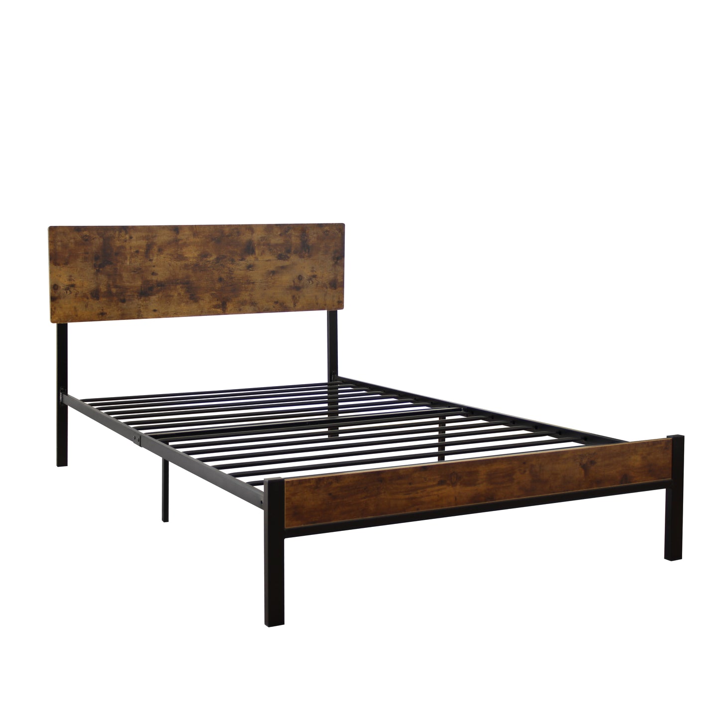 Industrial style black metal bed frame with rustic wood headboard and footboard