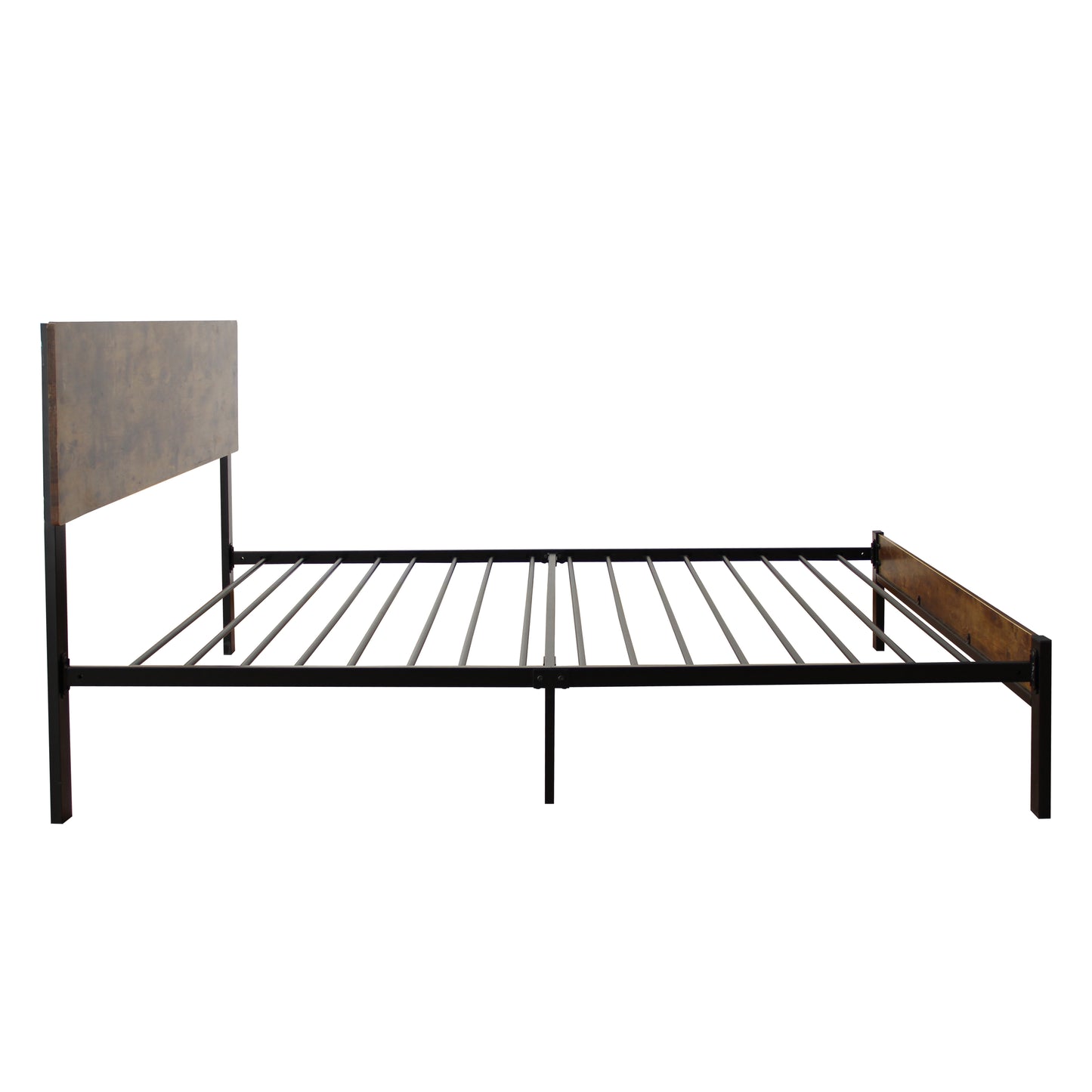Industrialstyle metal bed frame with rustic wood headboard and slatted support