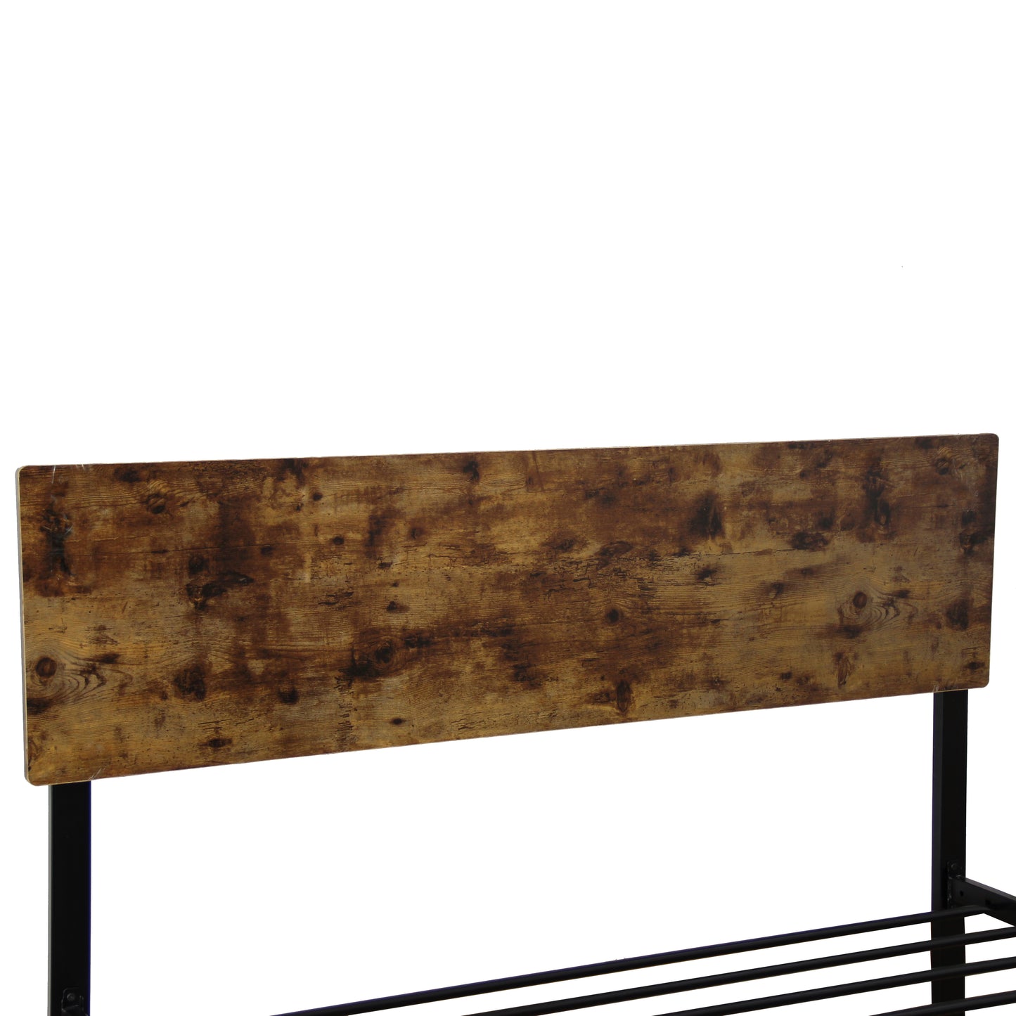 Rustic wood and black metal headboard for a platform bed