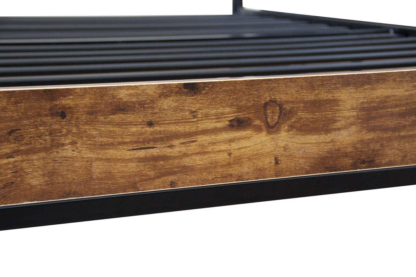 Rustic brown wood panel bed frame with black metal slats